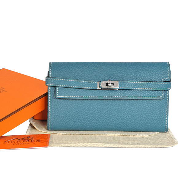 High Quality Hermes Kelly Wallet Togo Leather Bi-Fold Purse A708 Blue Fake - Click Image to Close